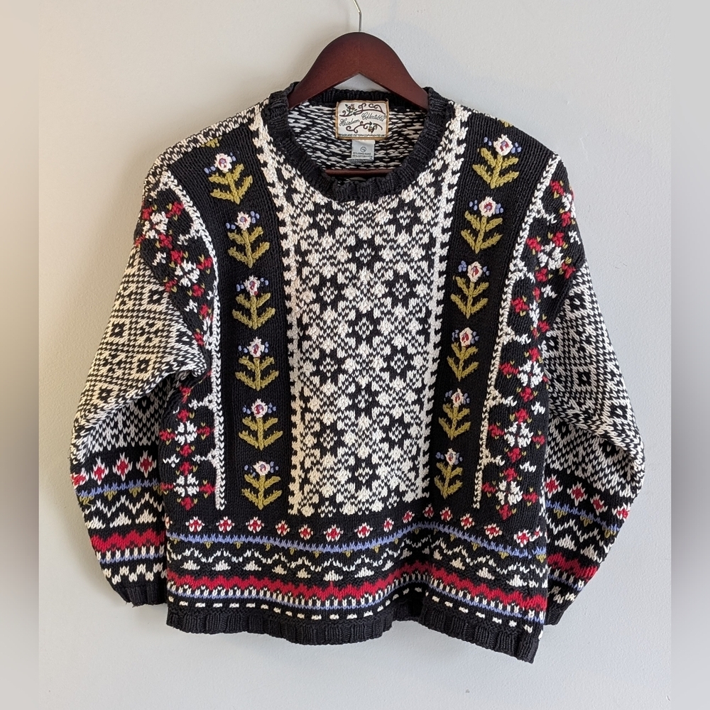 Vintage 1997 Faire Isle Knit Sweater, Floral & Snowflake Patterning, Size L